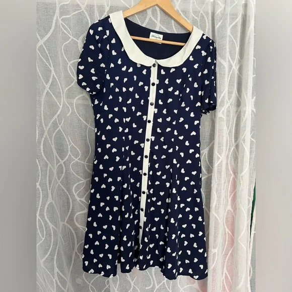 Unique vintage navy and white heart polka dot a-line vintage inspired dress 12-L - Picture 2 of 14